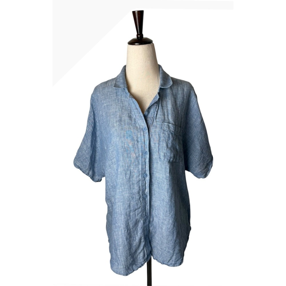Garnet Hill Linen Button Down Shirt Women 8 Blue Short Sleeve Preppy Lagenlook - Picture 2 of 9